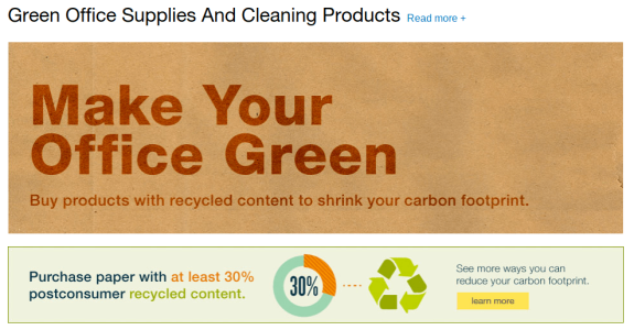 Promotional banner for green office supplies with recycled content focus.