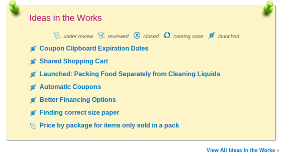 Ideas in the Works list with bullet points and status icons.