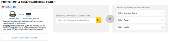 Interface for finding printer ink and toner cartridges by model or brand.
