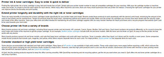 Information guide on printer ink and toner cartridges, including brands and options.