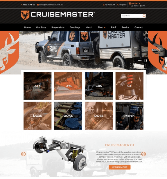 Cruisemaster website homepage featuring suspension products and branding.