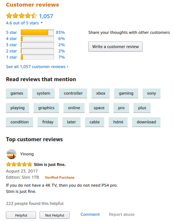 Customer reviews summary for PS4 Slim with ratings and keywords on an e-commerce page.