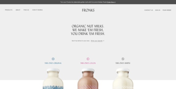 Fronks organic nut milks variety promotion with three bottles displayed.