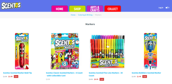 Scentos scented markers product display with colorful packaging and sale prices.