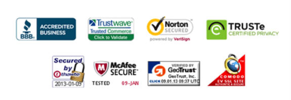 Security certification logos including BBB, Trustwave, Norton, TRUSTe, McAfee, GeoTrust, Comodo.