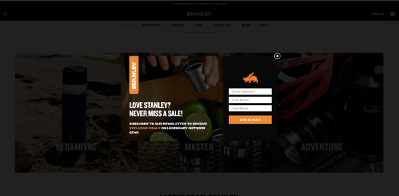 Popup ad for Stanley outdoor gear sale with newsletter signup form.