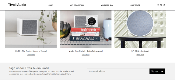 Tivoli Audio product display with Cube, Model One Digital, and Sphera speakers.