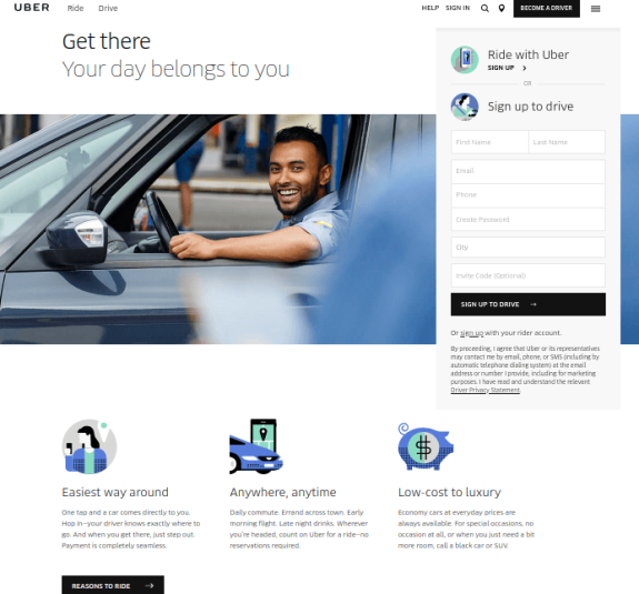 Uber driver smiling in car with signup form visible on webpage.