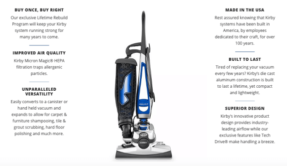Kirby vacuum cleaner with features like HEPA filtration and versatility highlighted.