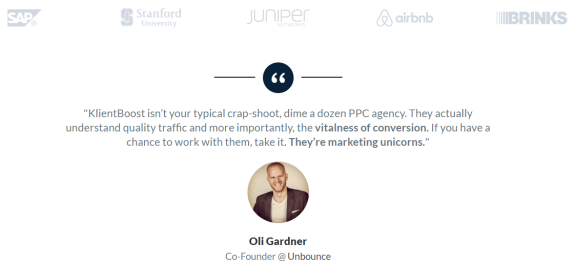 Testimonial about KlientBoost marketing expertise by Oli Gardner.