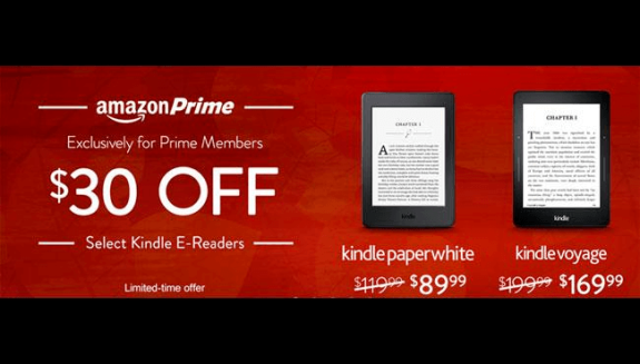Amazon Prime offers $30 off Kindle e-readers, showing Kindle Paperwhite and Kindle Voyage.