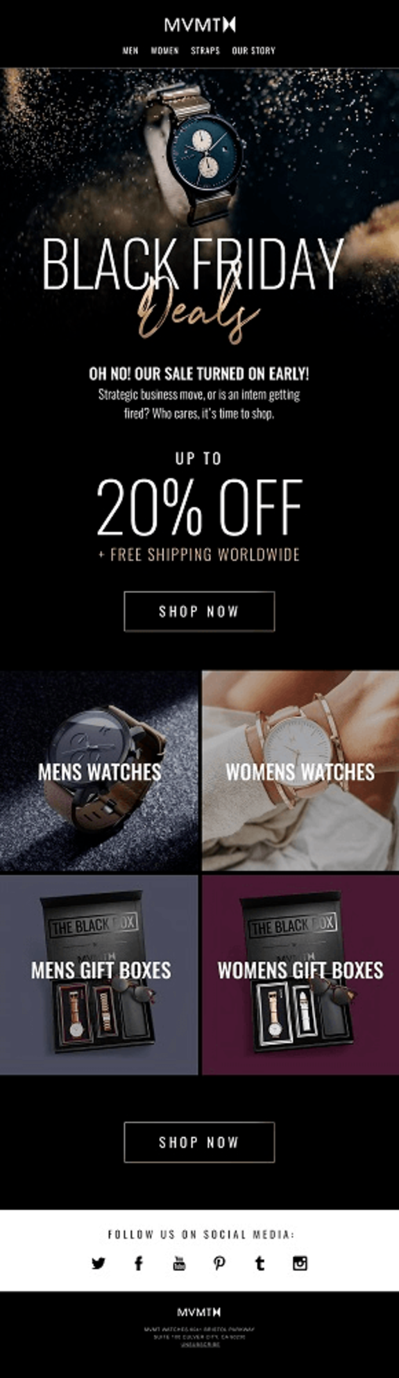 MVMT Black Friday sale banner featuring watches and gift boxes with 20 percent off.