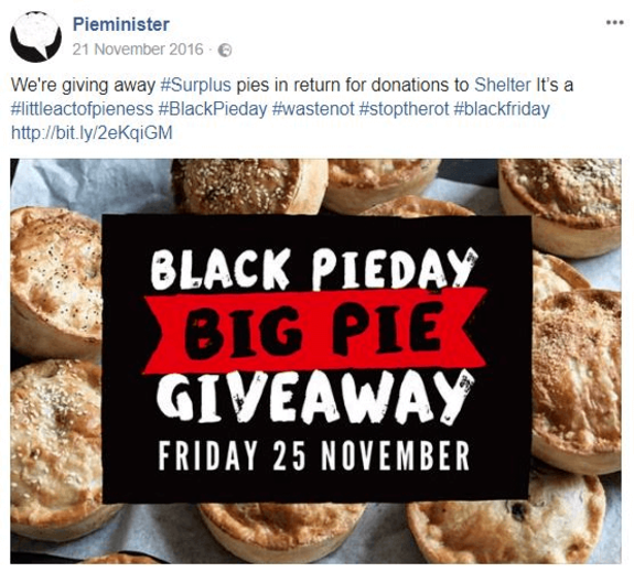 Black Pieday big pie giveaway promotional poster surrounded by pies.