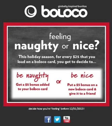 Boloco holiday promotion offering $5 bonus for $25 card load, naughty or nice choice.