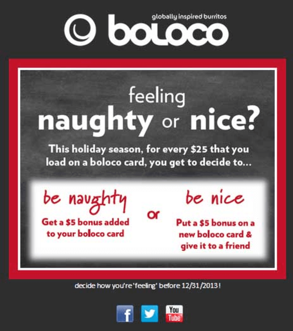 Boloco holiday promotion offering $5 bonus for $25 card load, naughty or nice choice.