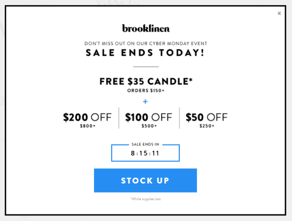 Brooklinen Cyber Monday sale promotion with discounts and free candle offer.
