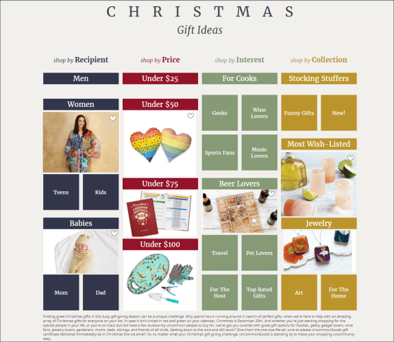 Christmas gift ideas guide with categories by recipient, price, interest, and collection.