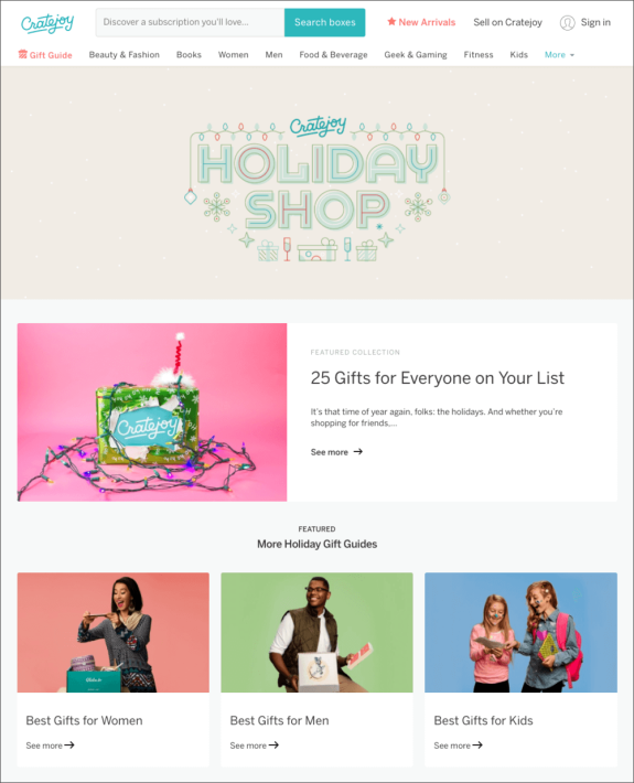 Cratejoy holiday shop page with gift guides for women, men, and kids.