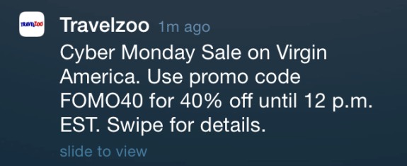 Travelzoo notification for Cyber Monday sale on Virgin America with promo code FOMO40.