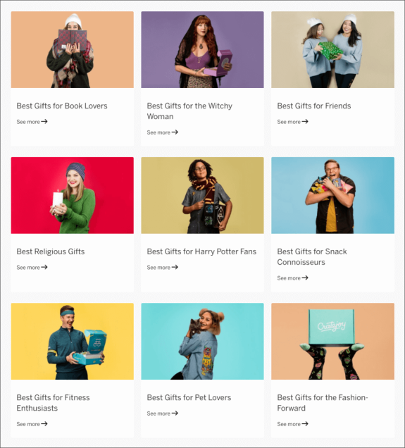 Grid of diverse gift ideas for various interests including books, pets, and fashion.