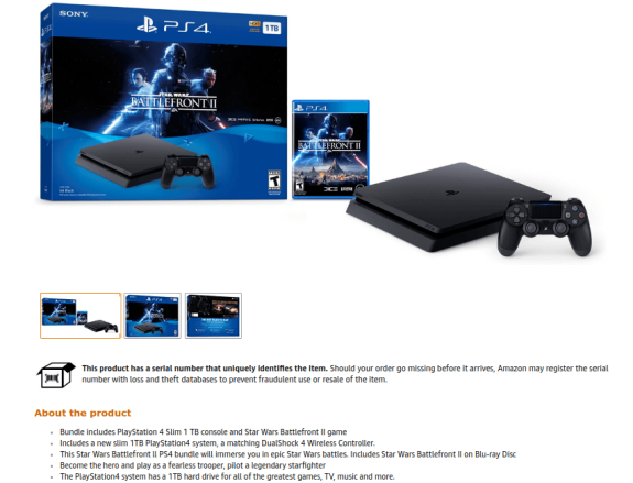 PS4 Slim 1TB Star Wars Battlefront II bundle with console and controller