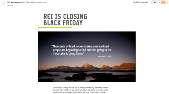 REI closing Black Friday announcement with mountain quote and scenic view.