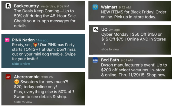 Various shopping notifications for sales and discounts from different brands.