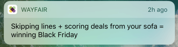 Wayfair notification about Black Friday deals received on mobile device.