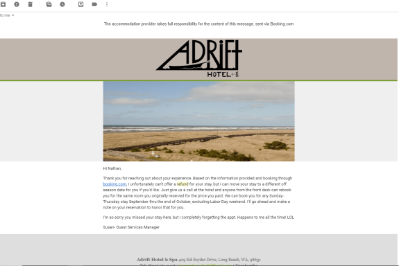Email from Adrift Hotel showing beach view and customer service letter
