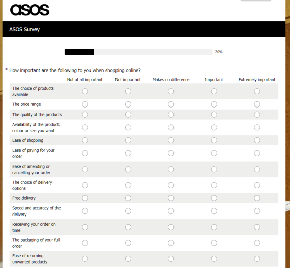 ASOS online shopping survey form with importance rating questions.