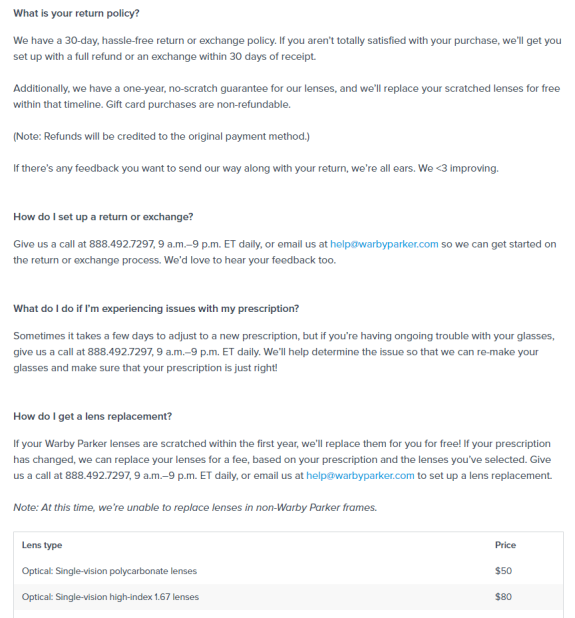 Warby Parker return policy, exchange instructions, and lens replacement details with pricing.