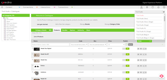 CoreDNA Tivoli Audio product catalogue interface showing product list and details.