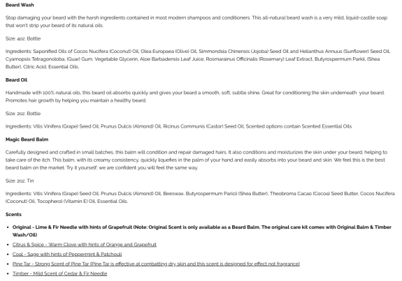 Description and ingredients of beard wash, oil, and balm with scents.