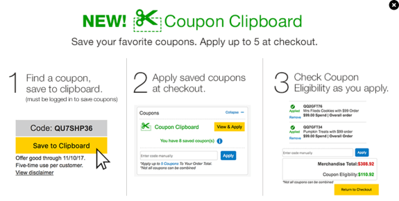 Steps to use the coupon clipboard feature to save and apply coupons at checkout.