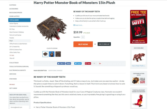 Product page for Harry Potter Monster Book of Monsters 15in plush toy with price and description.