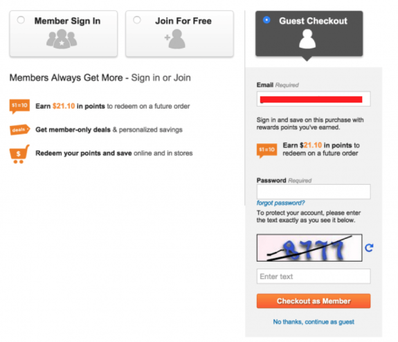 Member sign-in and guest checkout options with rewards points details.