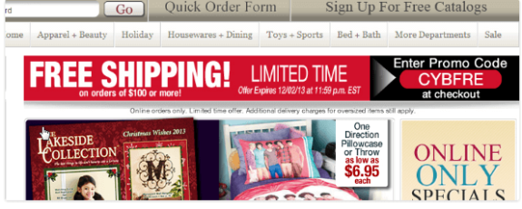 Online shopping page with free shipping promo and catalog offers.