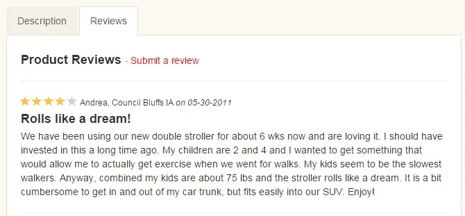 Product review for double stroller praising its ease of use and comfort.