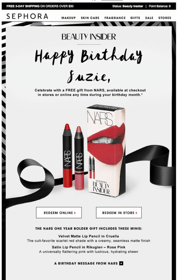Sephora birthday gift promotion featuring NARS lip pencils and gift box.