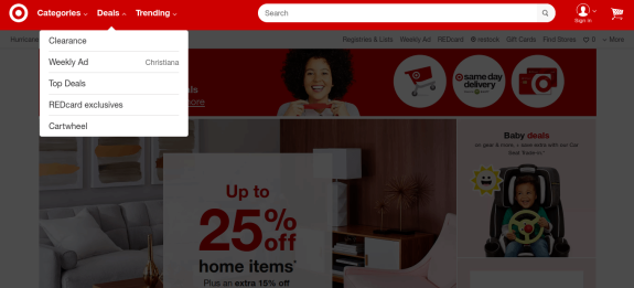 Target website showing home and baby item deals and discounts.