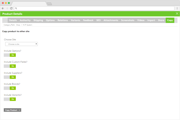 Product details interface showing copy options with toggles for inclusion.