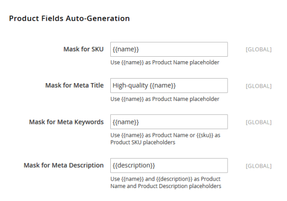 Product fields auto-generation template with placeholders for SKU, meta title, keywords, and description.