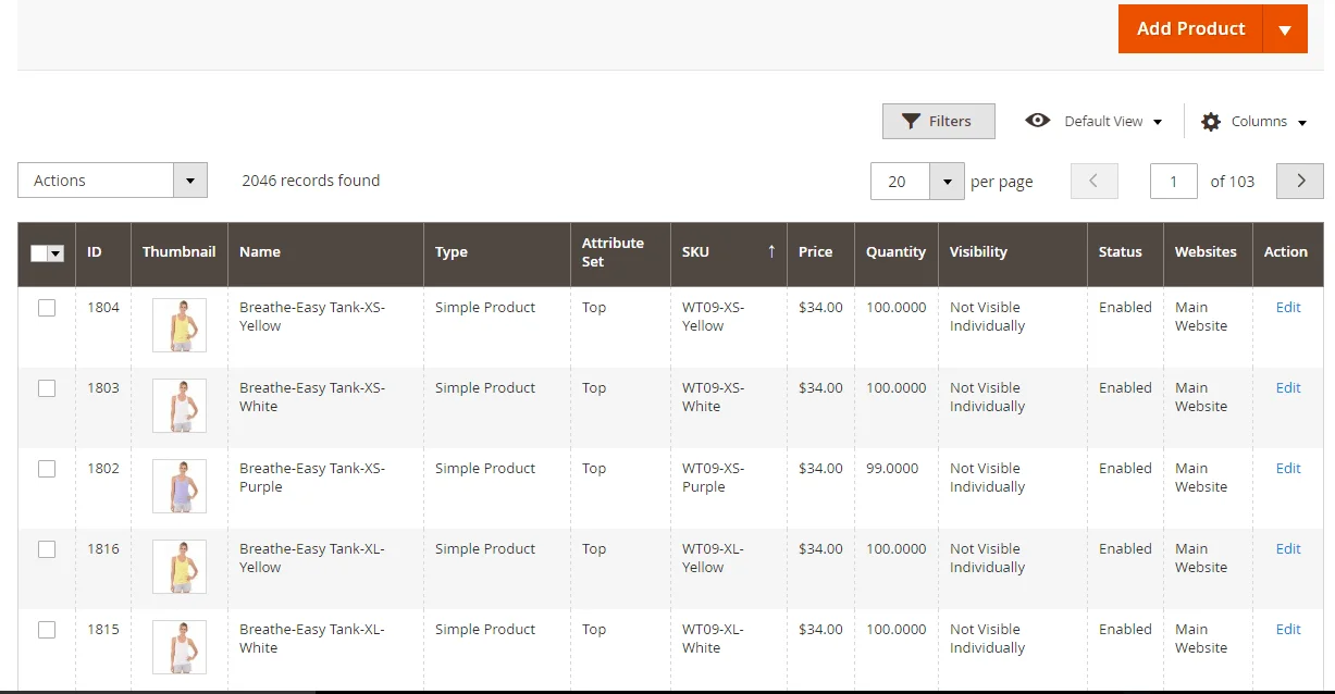 Product inventory management dashboard showing tank tops with details like SKU and price.