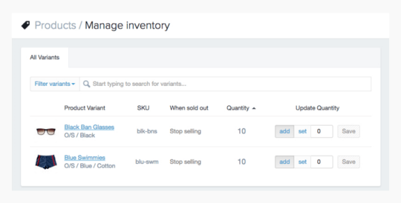 Product management dashboard with inventory details for glasses and swimwear.