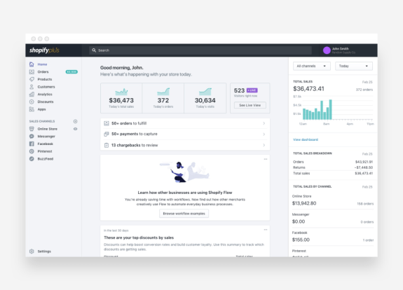 Shopify dashboard showing sales analytics and store performance metrics.
