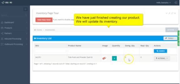 Screenshot of inventory management software dashboard showing product entry and inventory update message.