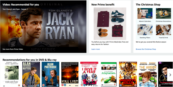 Prime Video homepage showing Jack Ryan series, Prime benefits, and DVD recommendations.