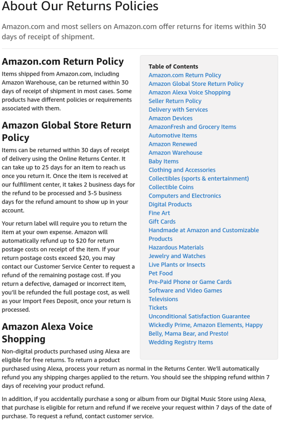 Amazon return policies overview including table of contents.