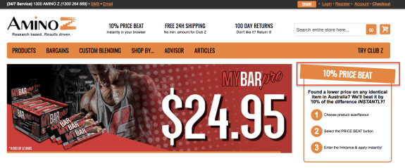 AminoZ MyBar Pro promotion with price beat offer and $24.95 price.