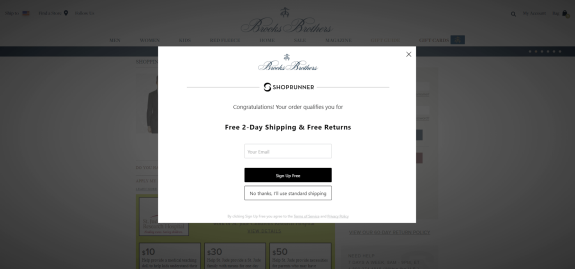 Brooks Brothers popup offering free 2-day shipping with ShopRunner sign-up.
